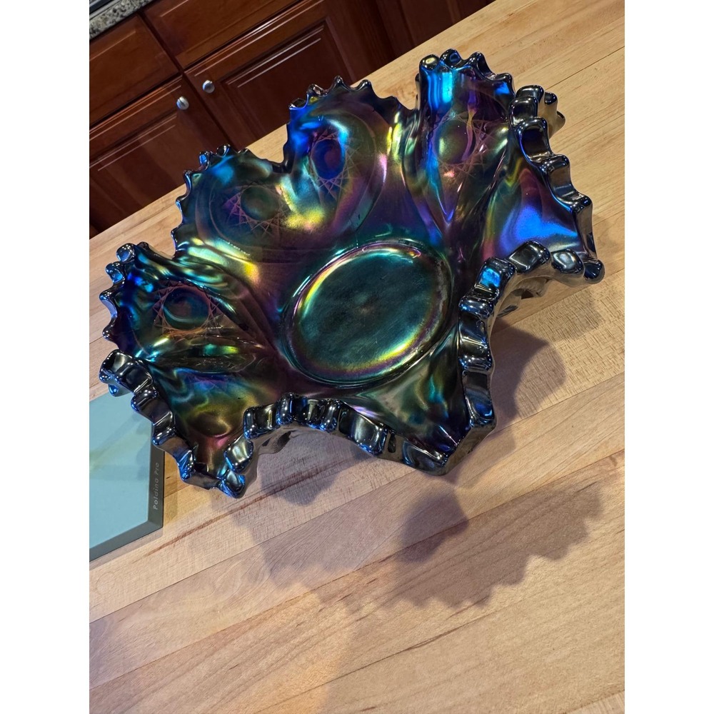 Imperial Carnival Glass Jeweled Heart Master Berry Bowl 9.5" Iridescent Purple